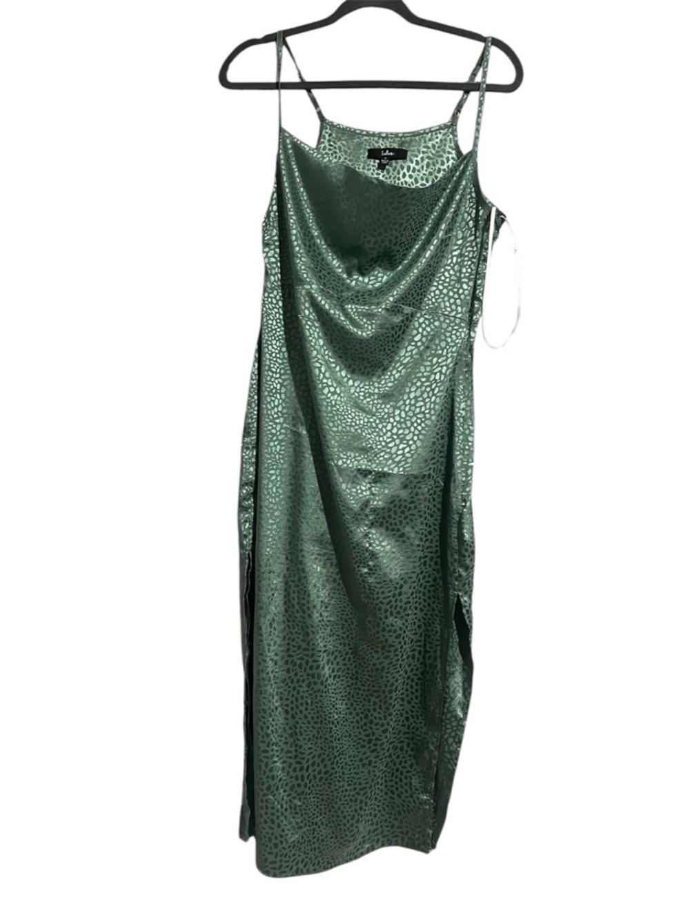 Lulus Total Stunner Sage Green Satin Jacquard Cowl Neck Midi Dress